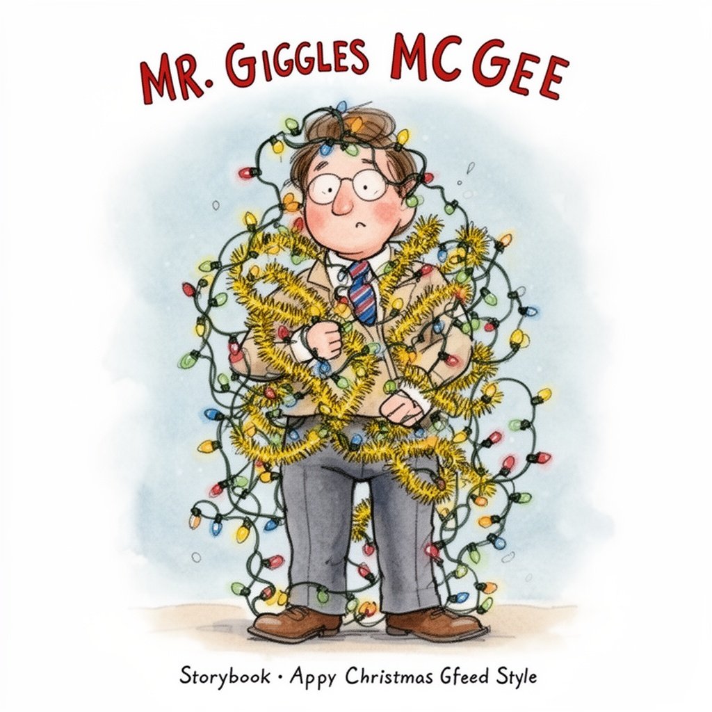 Mr Giggles McGee teacher funny tied up with tinsel and Christmas lights