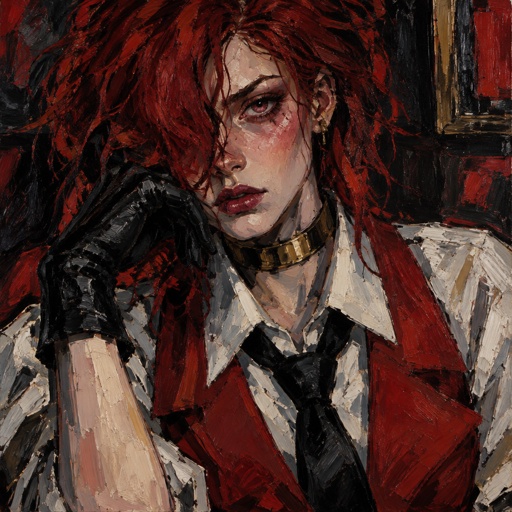 Female, 24, neck length red messy hair covering one eye, serious, suit vest red, white shirt, black tie, pink eyes, gold choker, black gloves, blush