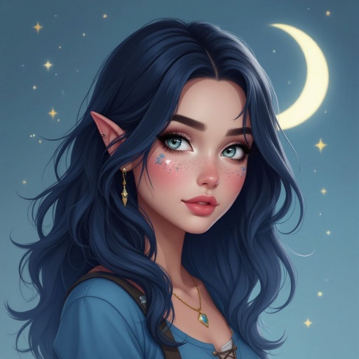She has waist length hair. Her hair is dark blue fading into black. She has star freckles and eyebrow scar on her right eyebrow side closest to her nose she has a crescent moon birth mark behind her left ear close to the ear lobe. Her eyes are a smoky grey she is 4’8. She has a blue long sleeve shirt with black pants