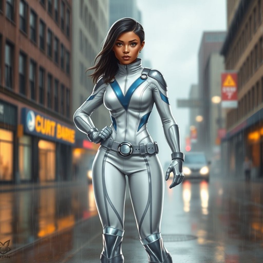 A teenage African American female superhero with hair in a shoulder length side part style wearing a slightly homemade white and silver suit with blue accents and a stylized V as her chest emblem a utility belt and silver boots standing in Philadelphia during a rain storm 
