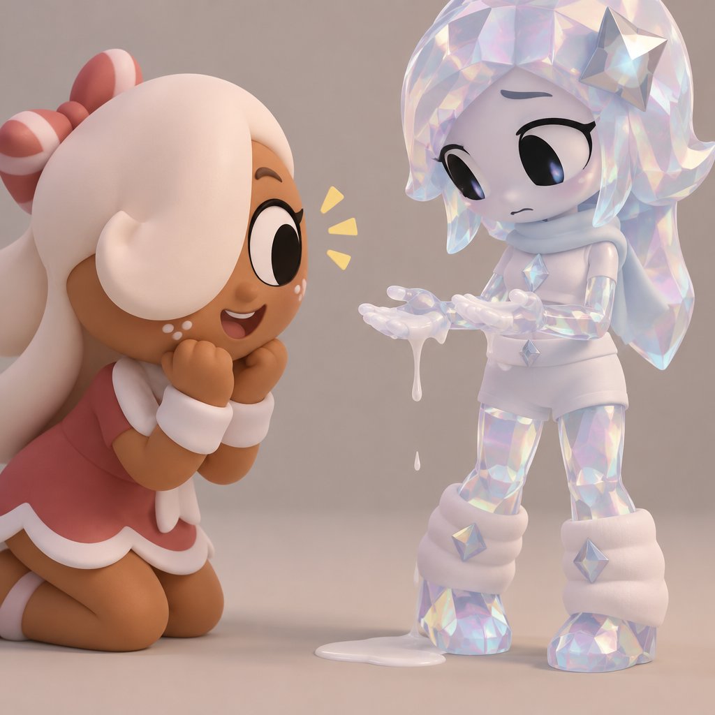 Ginger from Dandy’s world watching my dandy’s world Oc and summer main Crafter the Opalite shard who happens to be Gingers love showing her white Ichor aka Purified Ichor and Ginger notices that her legs and hips and waist are Opalite and the tops of her socks have Opalite crystals on them but she doesn’t mind