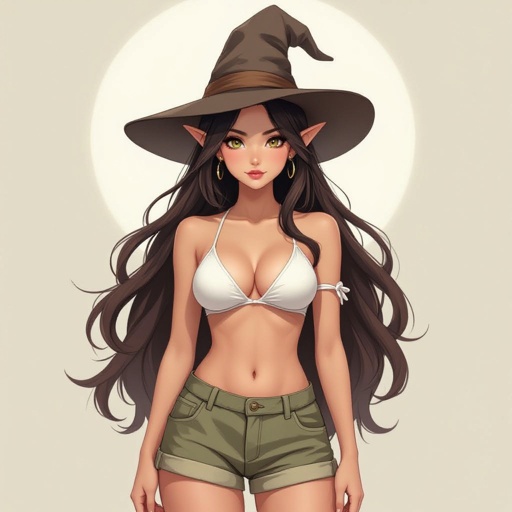 Dark Brown Hair Elf Witch Librarian up in Witches Hat. In Khaki Daisy Dukes and White bathing suit top