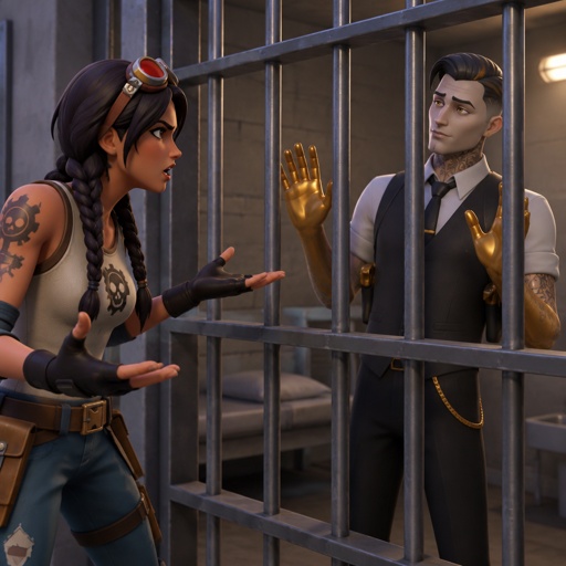 Midas from Fortnite behind bars, Jules from Fortnite arguing with him, Midas is trying to explain 