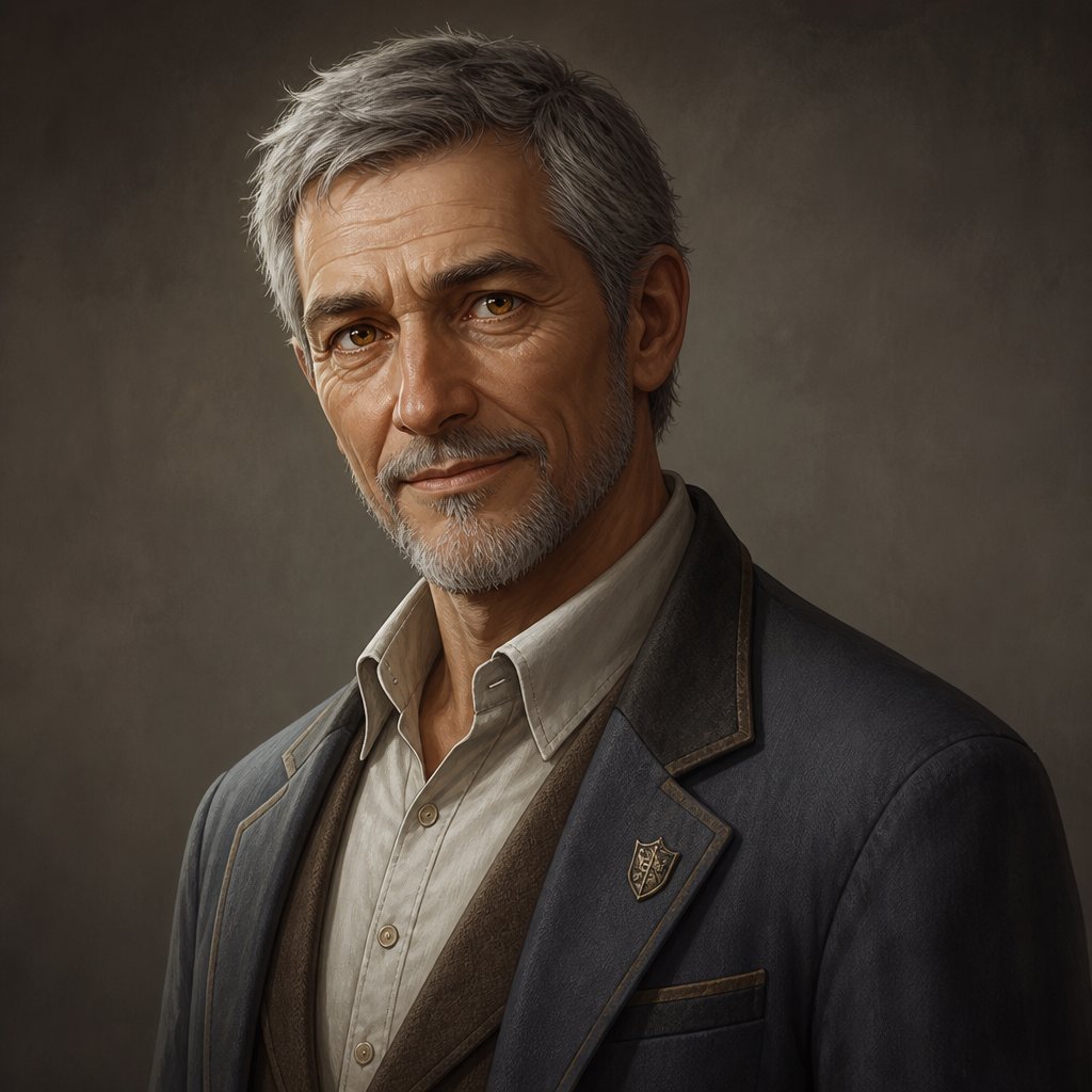 A 64-year-old man with the warm, intelligent presence of an experienced scientist and mentor. He stands approximately 5’11” with an average, naturally aging build. He has amber-colored eyes and short salt-and-pepper hair, with some gray clearly visible throughout. His face shows the natural signs of age, including subtle wrinkles and lines around his eyes and forehead, but he should still appear healthy and energetic. He has a thoughtful, observant expression and kind eyes. His demeanor is calm, intelligent, patient, and quietly authoritative—the sort of man whose presence makes people feel safe and who naturally becomes the person others turn to for guidance. He should feel approachable and compassionate rather than cold or intimidating. His clothing is practical and professional, appropriate for a scientist and researcher. A simple button-up shirt beneath a well-worn scientific or academic jacket, with understated contemporary clothing. Nothing overly futuristic or stereotypical. No exaggerated laboratory accessories. His posture is relaxed and confident, suggesting decades of experience without making him appear frail or elderly. His expression can carry a subtle knowing smile, as though he has just realized something important. Semi-realistic JRPG-inspired character art, grounded human proportions, realistic facial features and skin texture, expressive amber eyes, detailed salt-and-pepper hair, natural signs of aging, soft cinematic lighting. Avoid exaggerated anime features, overly youthful facial features, stereotypical mad-scientist styling, exaggerated wrinkles, or an overly stern expression. He should look like a believable 64-year-old scientist and mentor translated into a polished semi-realistic JRPG art style. Three-quarter character portrait, neutral simple background.