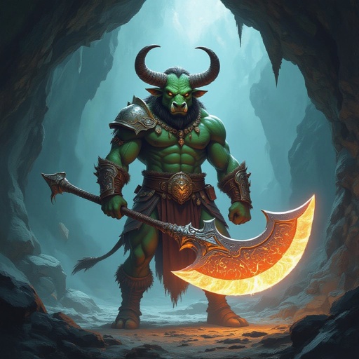 DnD 3.5e Minotaur holding a massive glowing great axe standing alone in a cave