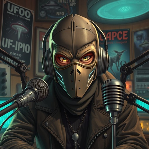Masked paranormal radio host with UFO posters in the background