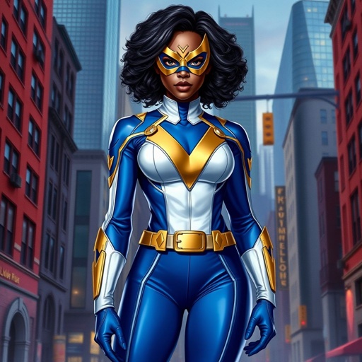 A teenage African American female superhero wearing a domino style mask with slightly curly hair in a shoulder length side part style  wearing a polyester and leather White and blue suit with gold accents blue pants and a stylized V as her chest emblem a utility belt and blue boot heel less standing in Philadelphia  