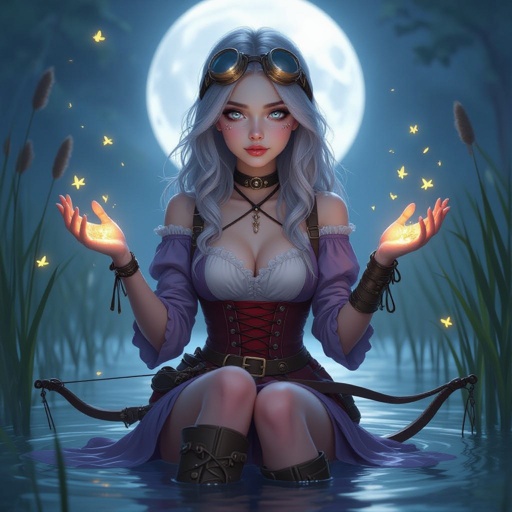 🎨 Render Prompt — Olivia Hollis, “Firefly Hollow (Eendood Outfit Final)”  Semi-realistic fantasy portrait of Olivia Hollis, the Firefly Hollow, standing beneath the humid moonlight of Eendood’s swamp city. The air is thick with mist and golden fireflies drifting lazily through the damp night. She has pale, ghost-touched skin with faint silver veins beneath the surface and soft gray-blue eyes glowing faintly in the haze. Her shoulder-length black hair bears a distinct shock of white through the front, catching the light like a spectral mark. Silver goggles rest in her hair like a headband.  Her thigh-high dusk-lavender tunic resembles a fitted ruched slip, clinging lightly in the humidity — practical, airy, and faintly iridescent under the moonlight. Over it, she wears her dark dried-blood red corset, now open fully down the front like a vest, its seams split and edges curled with age, revealing the lavender tunic beneath. The look is light and travel-worn, suited to the swamp’s heat and mist.  She wears no jacket or leggings, her arms and legs bare for freedom of movement, her pallid Hollow One skin softly luminous in the damp air. Her boots remain worn and mud-stained, practical for the marshy terrain. Around her throat is a simple green ribbon, tied neatly into a small bow at the side.  At her right hip rests Étienne, her compact ruby-inlaid hand crossbow with visible short bow arms and a carved wooden frame — clearly recognizable as a crossbow, elegant and well-worn. Her hands are outstretched, and fireflies swirl and hover around her palms, glowing gold and white — her Swarmkeeper magic manifest in the haze.  The scene glows with soft silver moonlight filtering through humid air; reeds sway, water ripples faintly, and Olivia stands serene — a revenant soul alive amid the still, breathless swamp.