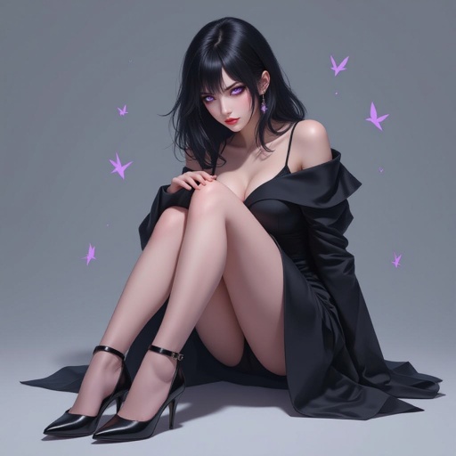 Show her shoes. Create mysterious woman jet-black hair is cut sharp to her jawline, and her violet eyes seem to pierce through darkness. A shadowy aura clings to her form, faint shapes shifting and flickering behind her like whispers of another realm. Show whole body head to toe
