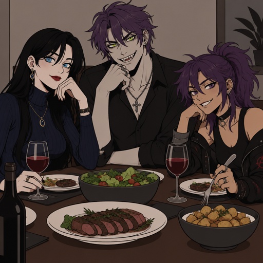Three siblings, Female name Liz, oldest, tale, pale, beautiful, very call expression, mysterious, black hair long curtain bangs style, bright blue eyes, wearing a dark blue long turtleneck dress, high heels, eye liner,dark eye shadow,red lips, wearing jewelry, Anime style, Agent Ward male, middle child, made to be a weapon, highly skilled, emergency backup case he gets out of control, hair violet messy bun, clean shaven, night vision eyes no goggles, sharp teeth, dark power, tall, intimidating, big grin, he's used as an emergence backup weapon, Female Ann, youngest sibling, medium hight pale, tan, blue eyes, vivid purple dim hair in a messy bun her front hair is swooped down in her right side, mischievous smile, rebel/ grunge clothe style,having dinner 