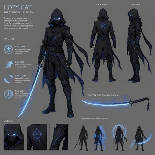 assassin name copy cat, time power, light blue eyes, blue shadow katana