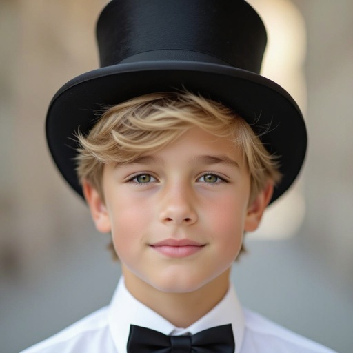 Blonde teenage boy with black top hat 