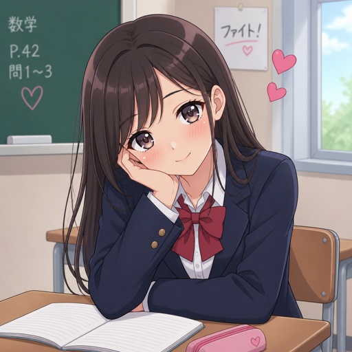 Girl in love slightly blushing at desk a little shy with head tilting to one side resting on hand 