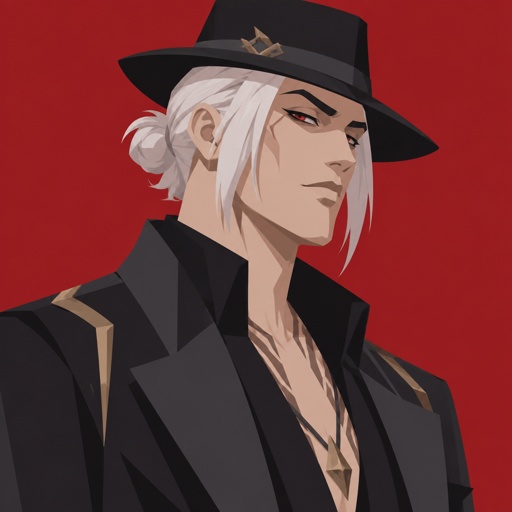 Kado Thorne from Fortnite pale skin white hair shoulder length back hair bun, wearing a hat