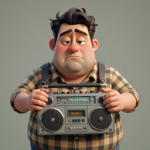Create a funny fat guy who isnt friendly from New York  has a boom box radio , make it Toy Story graphics  