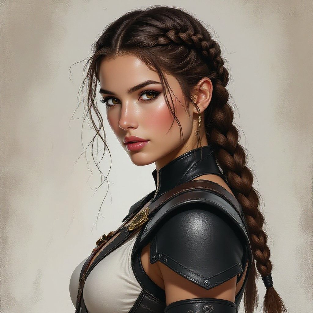 Thin warrior woman of 20 years old, brown hair with the bottom half in white, arranged in a coronet braid. She wears black fighting leathers. She has pale skin. In drawing realistic style
