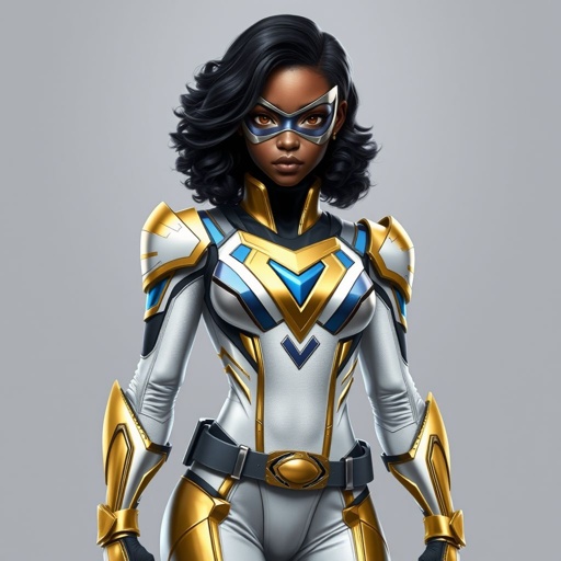 A teenage African American female with shoulder length curly hair  in a side part style superhero  wearing a MASK and a slightly armored white and gold suit with white pants and blue accents and a stylized V as her chest emblem a utility belt and gold boots