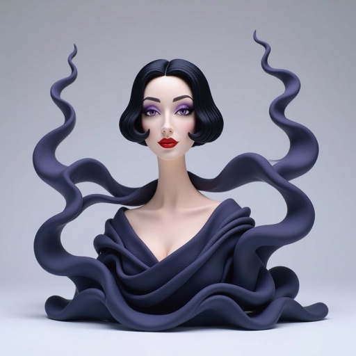Create A lithe, mysterious woman draped in layered black silks that move like smoke around her. Her jet-black hair is cut sharp to her jawline, and her violet eyes seem to pierce through darkness.