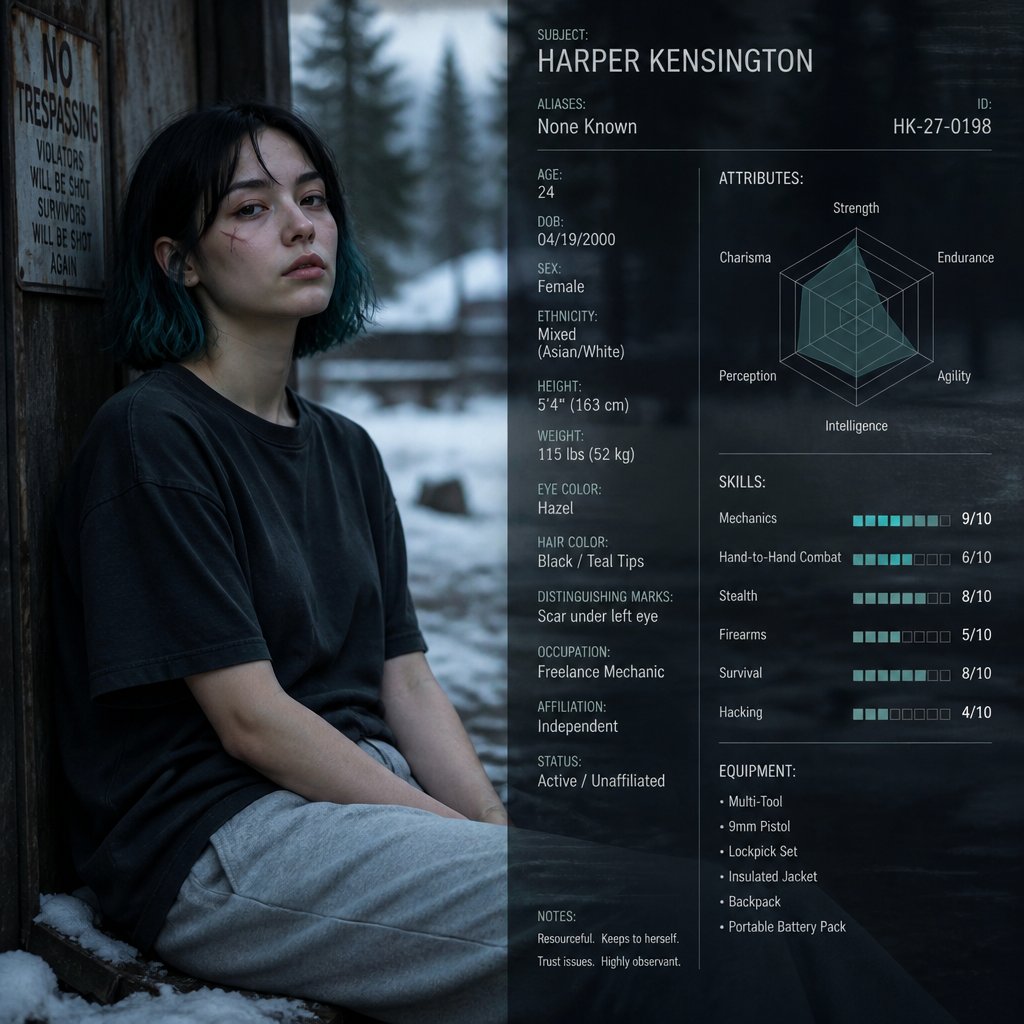 Adult female in her 20s part Asian part white pale skin short black hair with teal tips wearing a baggy tee shirt and sweatpants she has a scar under her left eye has magical abilities that can cast shadows or snow which could be used for dark snow create a bio chart