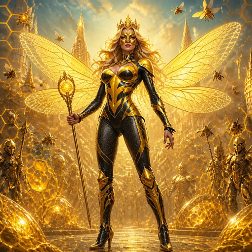 a woman dressed as a bee holding a wand