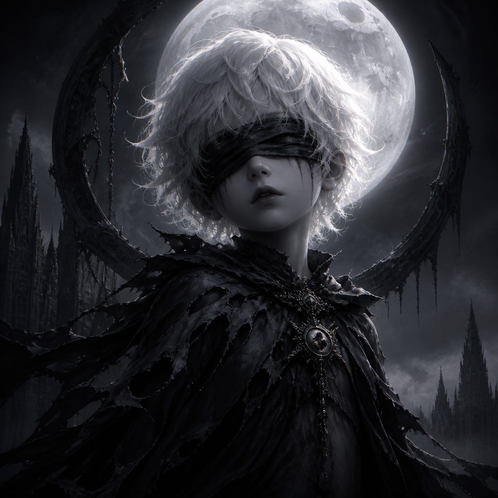 moon child white hair blind fold black cape