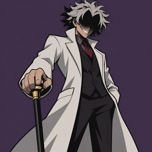 Male,scientists,bushy messy hair,shad,evil smirk,has a cane