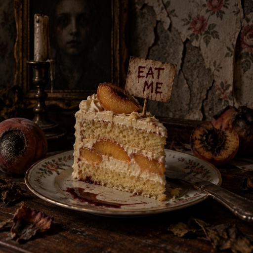 Slice of vanilla peach cake with a sign that says eat me 