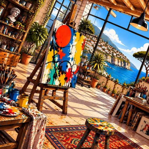 an artist's easel in a room with a view of the ocean