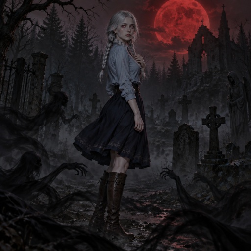 Young woman, silver hair- braided into two braids, pink eyes, light blue shirt, dark blue Skirt, brown boots reaching to her knees
