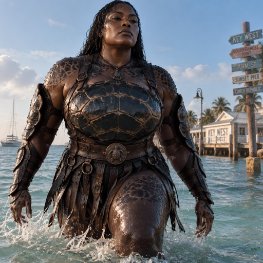A semi big gorgeous lady warrior named Leatherback, skin the color of a leatherback turtle, all leather outfit, with turtle shell armor on her upper body. Shell armor on the back of her arms, turtle armor like a samurai, coming out the water in Key West.