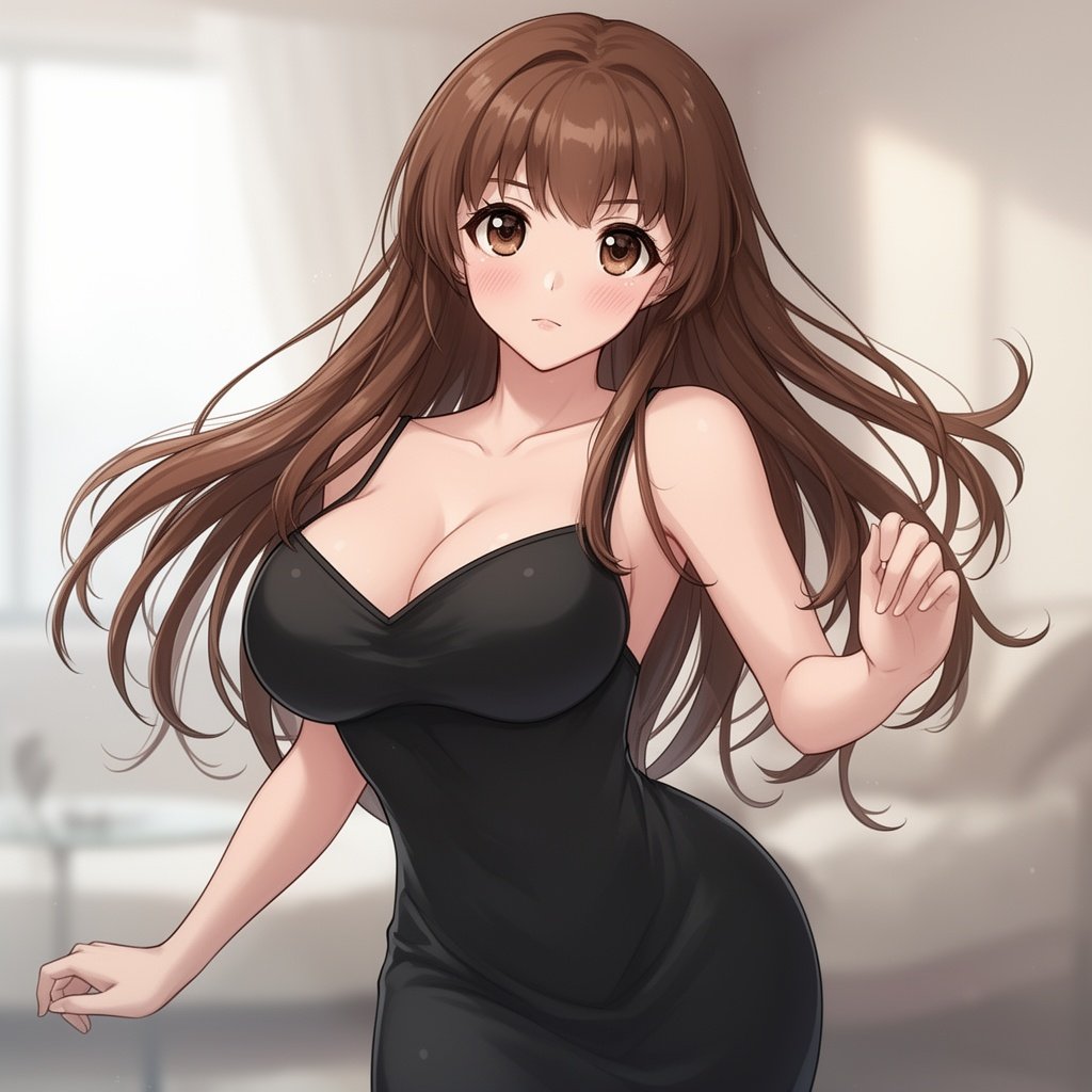 Busty Anime Woman Brown Hair Brown Eyes Tight Black Dress