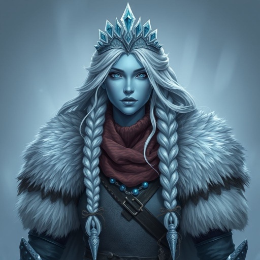 Create a character head to toe showing the whole character, meaning legs feet body face everything: A tall, battle-hardened woman with pale, icy-blue skin. Her long silver hair flows in braids tipped with frozen beads. She wears heavy, fur-lined armor made from the hides of snow beasts. Her eyes glow faint blue. A frost-shaped crown rests lightly on her head.