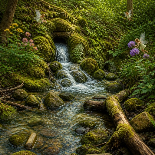 a stream running through a lush green forest