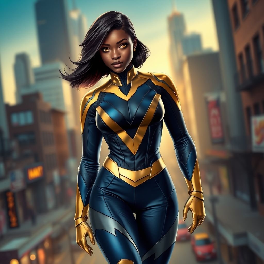 African American female superhero with hair in a shoulder length side part hairstyle with pure Gold Glowing eyes wearing a black blue and gold accented suit with navy blue pants and gold knee length boots with a V with the top half gold and the bottom half black as her chest emblem in Philadelphia
