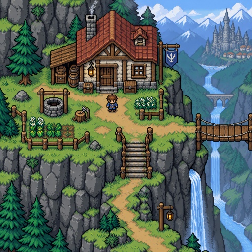 Old House on a mountain side platform for a fantasy game set in modern times, exterior, top down style
