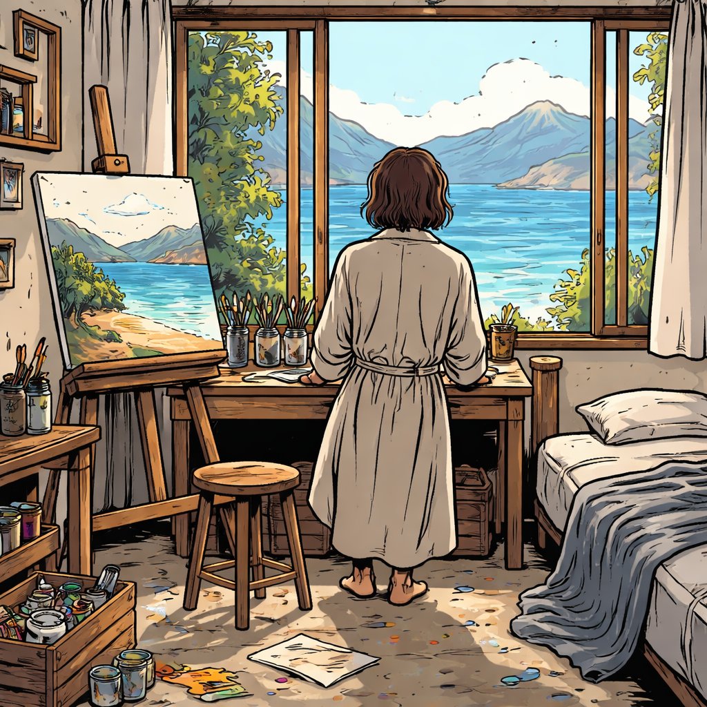 No caricature no speech bubbles a small artist studio with an easel, some paints and a cot the small desk it overlooks the sea and mountains. We see the artist from the back from the rear is medium long hair and is wearing a robe.