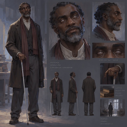 Full body, with multiple variations of Blind man, eyes that do not track. Clothes chosen by touch: good cloth, no logos. Head tilt before a click. Calm face. Faces Sarah a degree off and still has her. Reads as a teacher, not a villain. Fortiche painted, quiet authority.