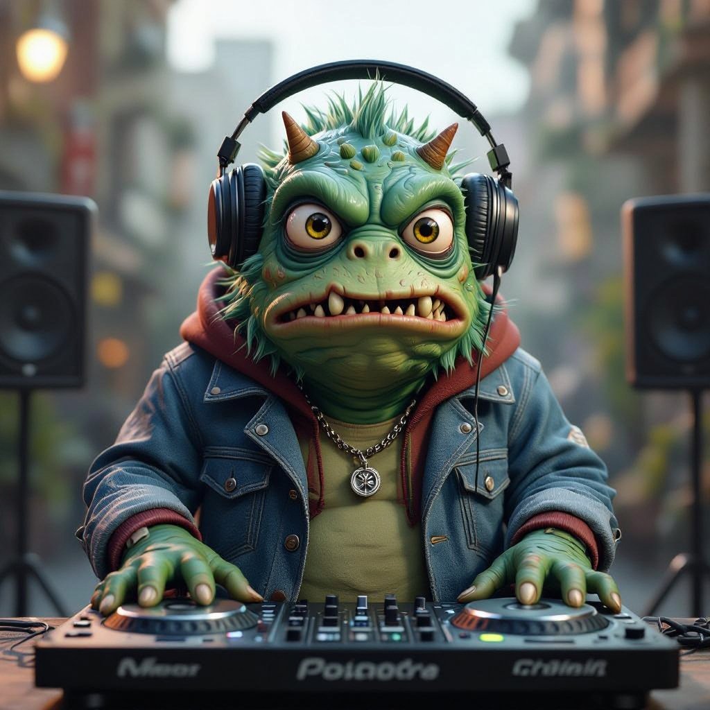 Create a funny looking monster dressed like a dj kinda with square face