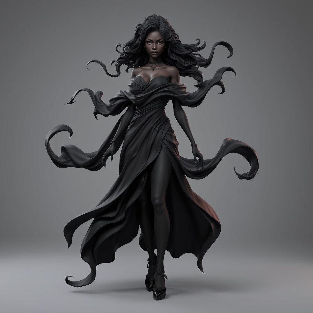 Create character hero Veyra of Shadows – A lithe, mysterious black woman draped in layered black silks that move like smoke around her. With jet-black hair. Show her whole body head to toe including her shoes.