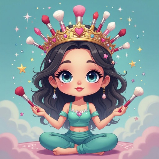 Create a chibi character mid 30’s lady who is the meditating with crown of makeup stuff