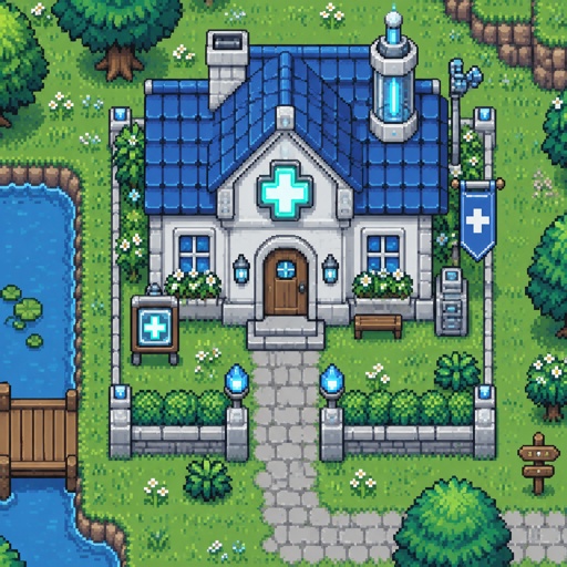 Clinic made from a house for a futuristic fantasy game, exterior, top down style