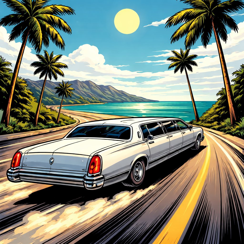 No speech bubbles, an elegant old-fashioned limousine the scene speeding off into the distance on a road lined with palm trees leading to a lovely ocean. There are mountains in the distance. It is midday.