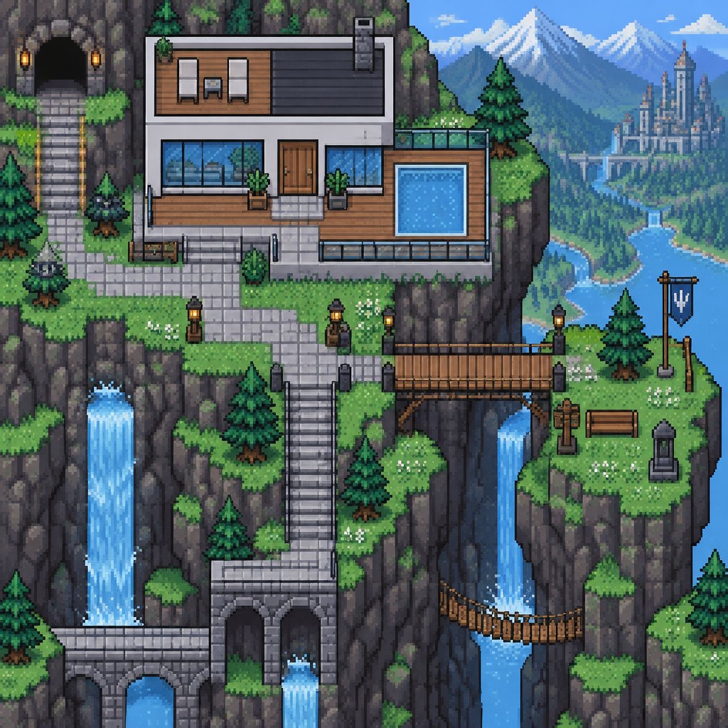 House on a mountain side platform for a fantasy game set in modern times, exterior, top down style
