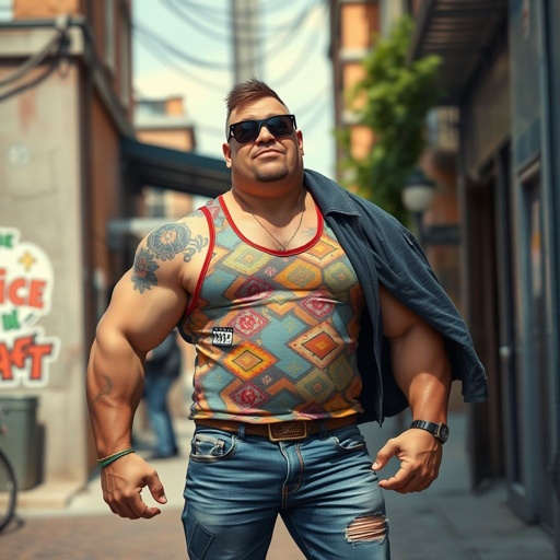 Create a funny looking man who’s jeans and tank top is so tight head to toe