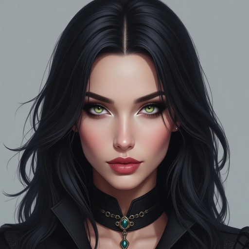 Show character head to toe. Create a mid age fantasy woman jet-black hair is cut sharpand her eyes seem to pierce through darkness. A shadowy aura clings to her form,