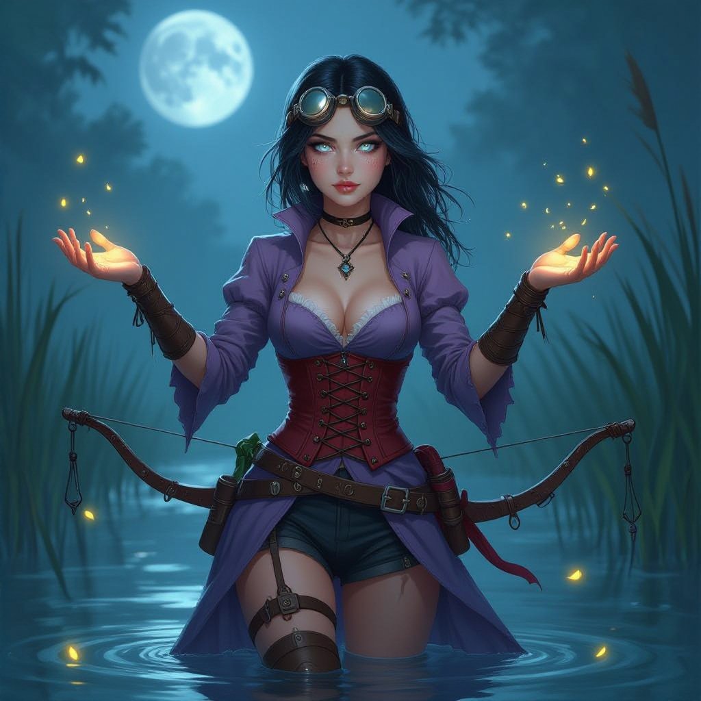 The Firefly Hollow, standing beneath the humid moonlight of Eendood’s swamp city. The air is thick with mist and golden fireflies drifting lazily through the damp night. She has pale, ghost-touched skin with faint silver veins beneath the surface and soft gray-blue eyes glowing faintly in the haze. Her shoulder-length black hair bears a distinct shock of white through the front, catching the light like a spectral mark. Silver goggles rest in her hair like a headband.  Her thigh-high dusk-lavender tunic resembles a fitted ruched slip, clinging lightly in the humidity — practical, airy, and faintly iridescent under the moonlight. Over it, she wears her dark dried-blood red corset, now open fully down the front like a vest, its seams split and edges curled with age, revealing the lavender tunic beneath. The look is light and travel-worn, suited to the swamp’s heat and mist.  She wears no jacket or leggings, her arms and legs bare for freedom of movement, her pallid Hollow One skin softly luminous in the damp air. Her boots remain worn and mud-stained, practical for the marshy terrain. Around her throat is a simple green ribbon, tied neatly into a small bow at the side.  At her right hip rests Étienne, her compact ruby-inlaid hand crossbow with visible short bow arms and a carved wooden frame — clearly recognizable as a crossbow, elegant and well-worn. Her hands are outstretched, and fireflies swirl and hover around her palms, glowing gold and white — her Swarmkeeper magic manifest in the haze.  The scene glows with soft silver moonlight filtering through humid air; reeds sway, water ripples faintly, and Olivia stands serene — a revenant soul alive amid the still, breathless swamp.