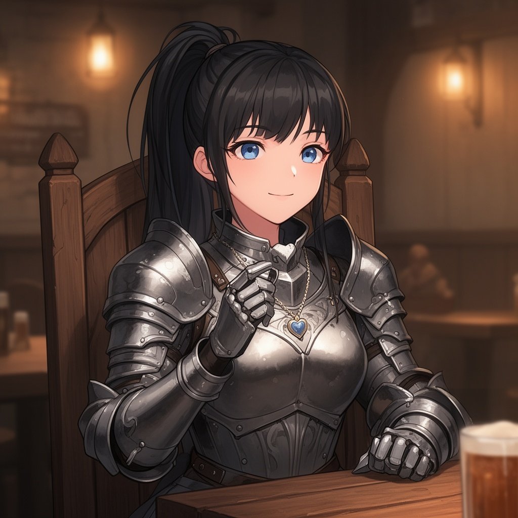 A beautiful girl with long black hair tied up in a pony tail wearing heavy armour she has peachy skin and nice blue eyes. She has a soft smile on her face with a heart pendant hanging from her neck. She is sitting on a chair looking like she is thinking about what drink she wants well in a nice tavern