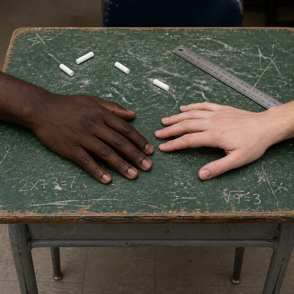 A black hand and a white hand on a math desk