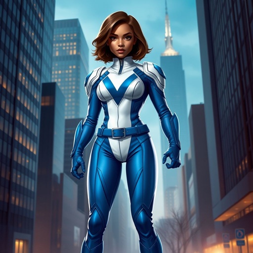 A teenage African American female superhero with slightly curly hair in a shoulder length side part style wearing a polyester armored white and blue suit with blue pants and a stylized V as her chest emblem a utility belt and blue boot heel less standing in Philadelphia