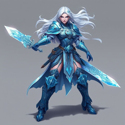 Create a battle woman hero called Alvara the Frostheart. Show full body head to toe including shoes